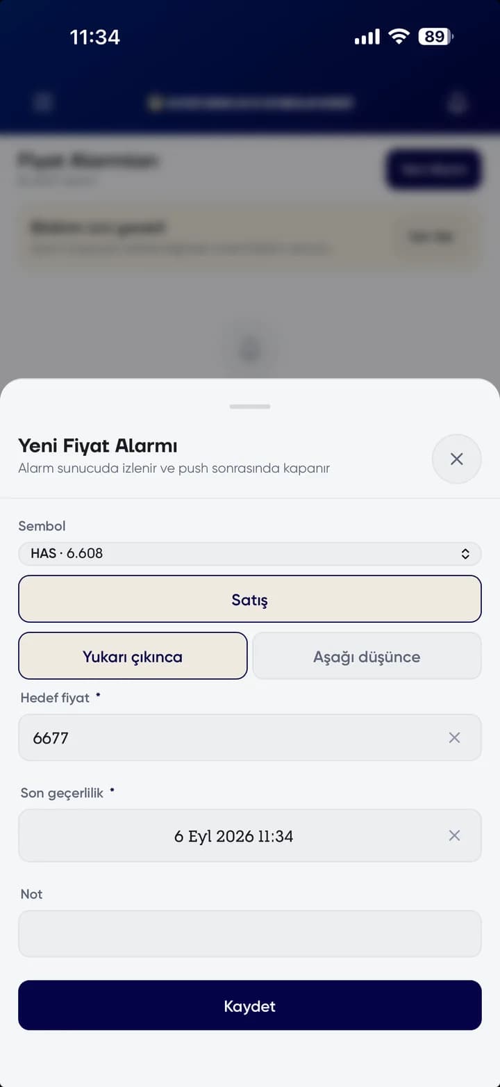 KAYSARDER mobil uygulaması yeni fiyat alarmı oluşturma ekranı