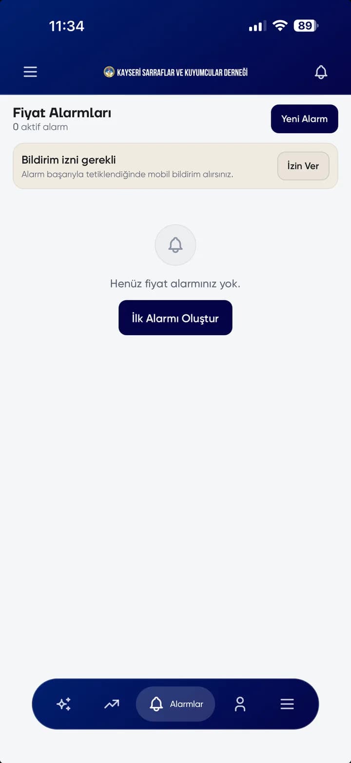 KAYSARDER mobil uygulaması fiyat alarmları ekranı