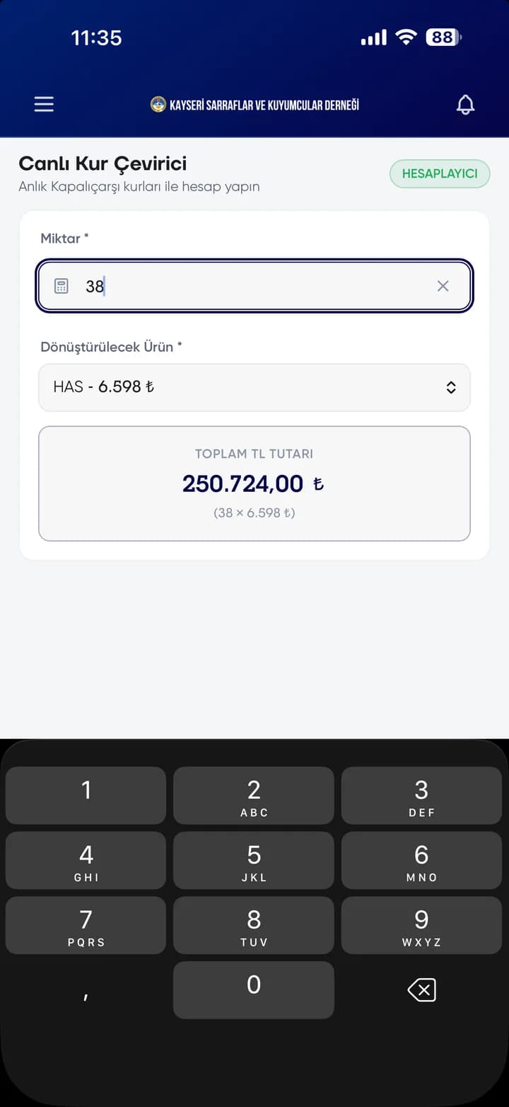 KAYSARDER mobil uygulaması canlı kur çevirici hesaplama ekranı