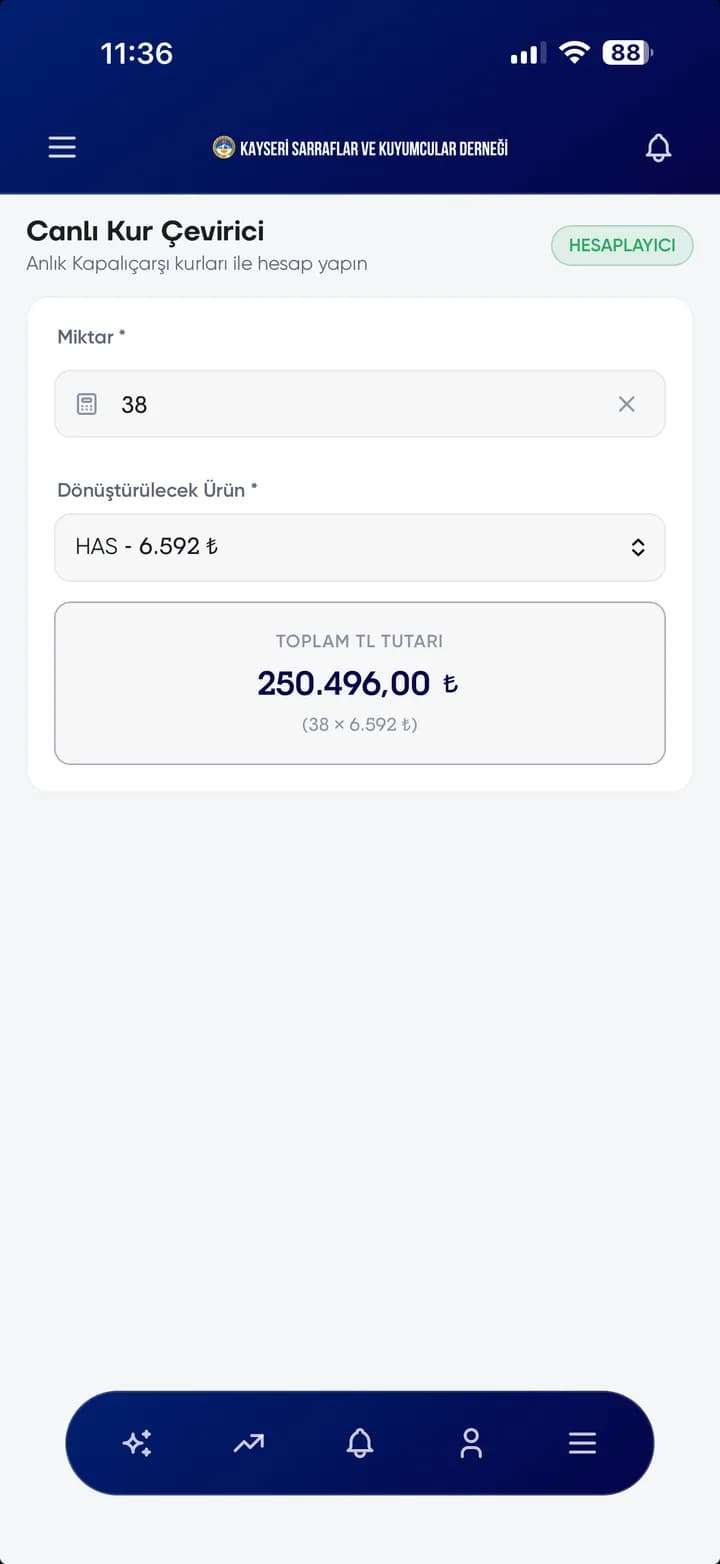 KAYSARDER mobil uygulaması altın ve kur çevirici sonucu
