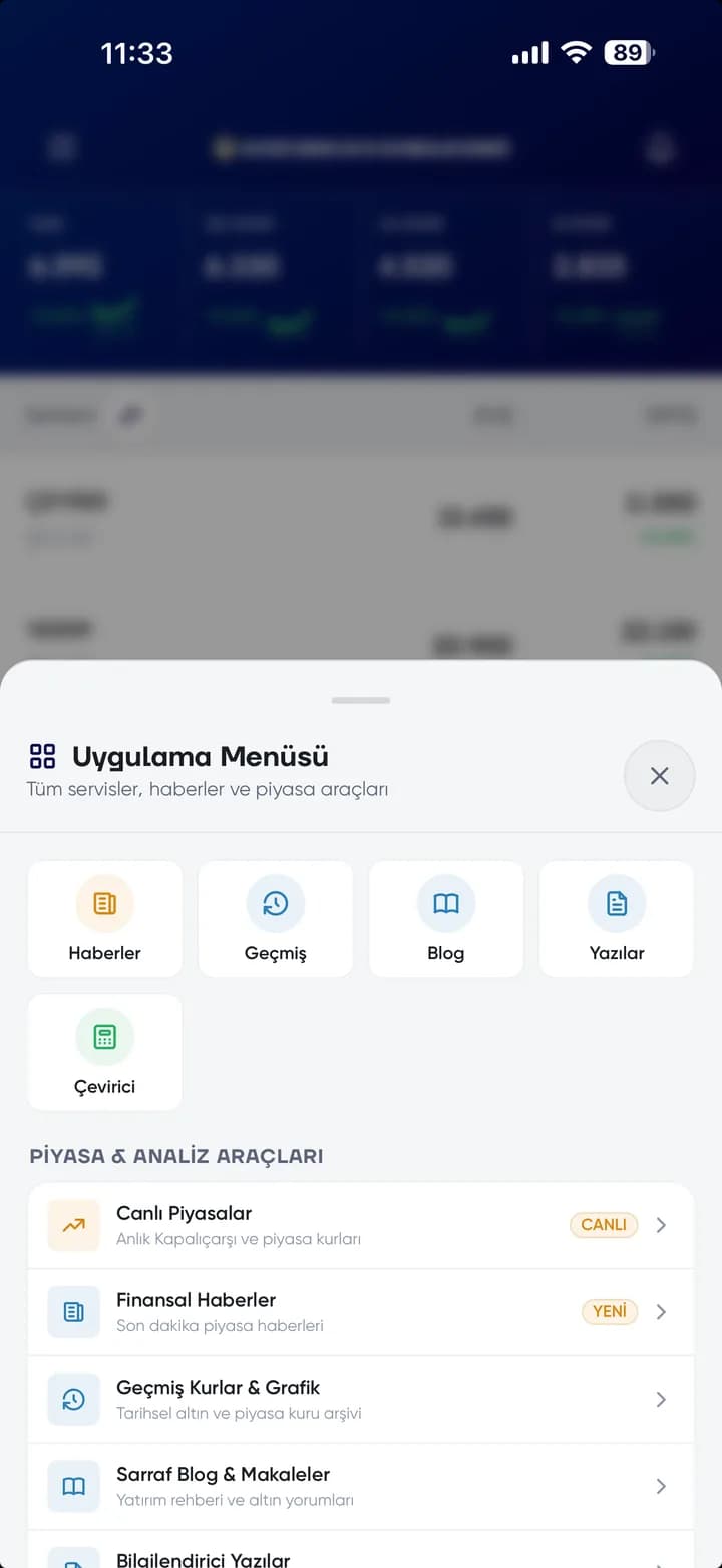 KAYSARDER mobil uygulaması piyasa ve analiz araçları menüsü